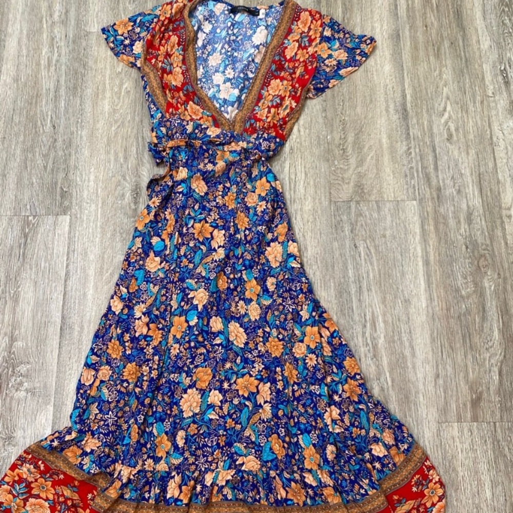 Elegant Floral V- front Maxi Dress with wrap waist- Red and Blue